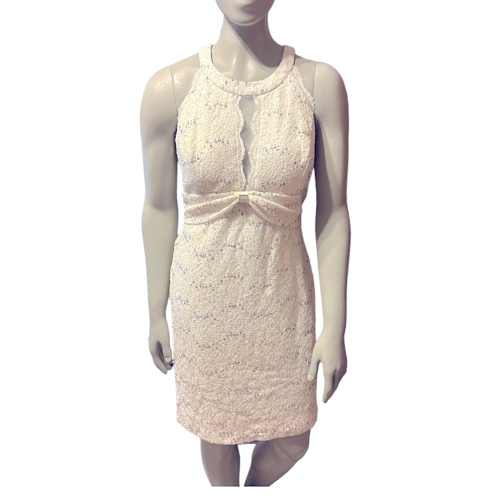 🆕 Nightway Halter Glitter Lace Illusion- Detail Ivory Gold Dress Size 8 NWT